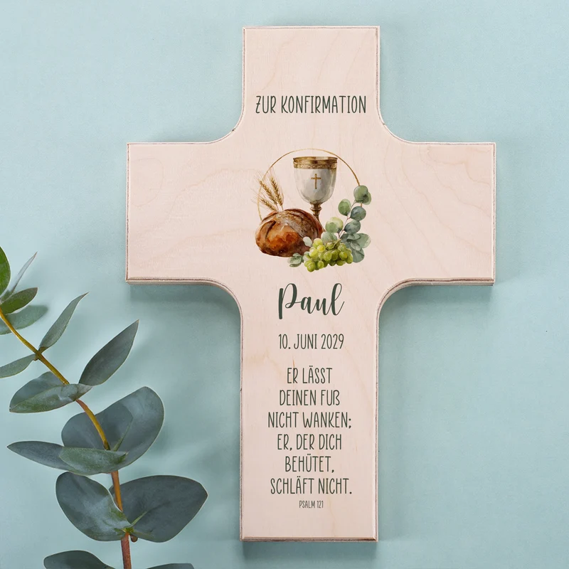 Personalisiertes Kreuz für kirchliche Feste | Ahornholz | Taufe, Kommunion, Firmung, Konfirmation