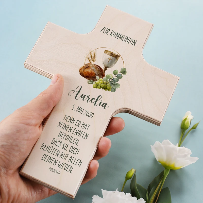 Personalisiertes Kreuz für kirchliche Feste | Ahornholz | Taufe, Kommunion, Firmung, Konfirmation
