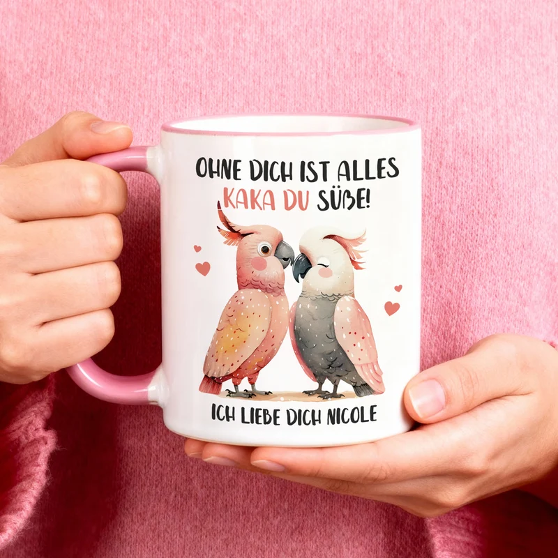 Personalisierte Kakadu-Tasse mit Wunschtext 'Kaka du Süße!' | Geschenk für Verliebte & Valentinstag