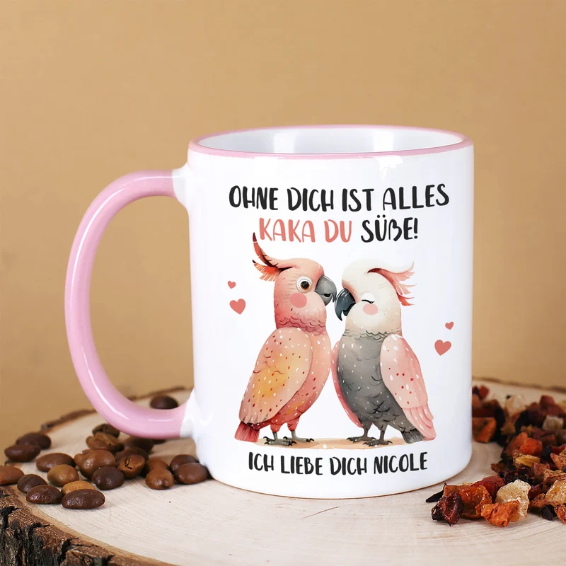 Personalisierte Kakadu-Tasse mit Wunschtext 'Kaka du Süße!' | Geschenk für Verliebte & Valentinstag
