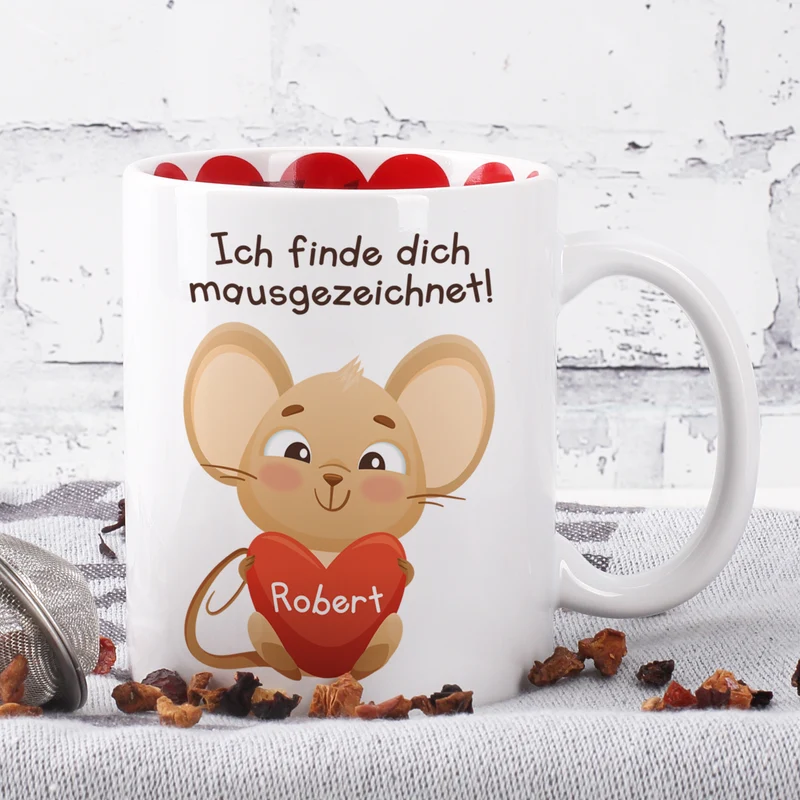 Personalisierte Tasse 'Ich finde dich mausgezeichnet!' mit Name im Herz | Valentinstagsgeschenk
