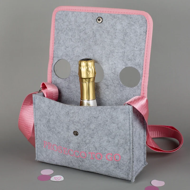 Hellgraue Umhängetasche - Prosecco to go - für JGA und Geburtstag