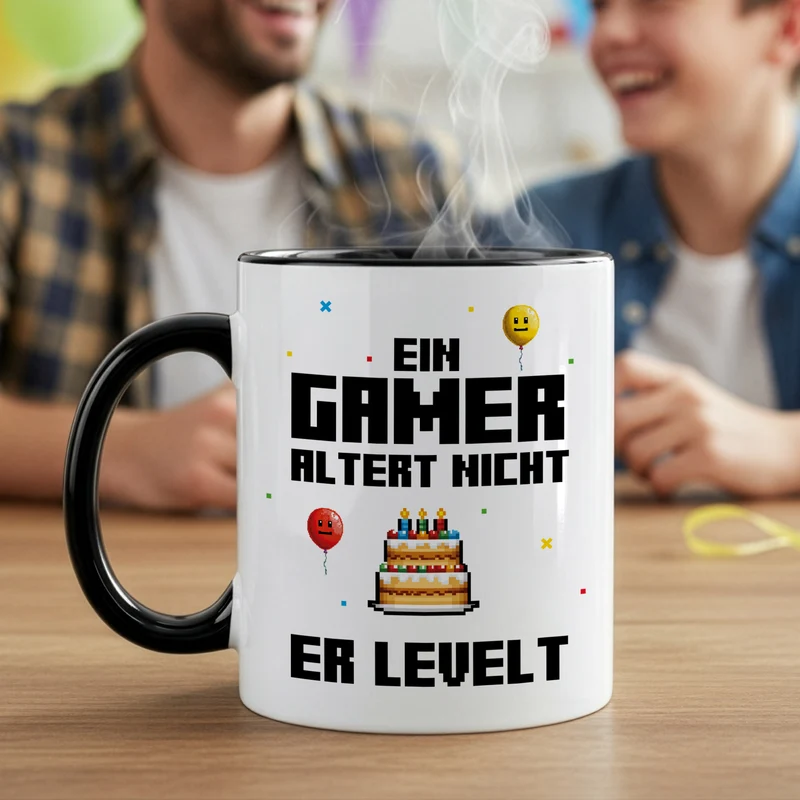 Tasse für Gamer zum Geburtstag mit Spruch 'Ein Gamer altert nicht er levelt' | 300 ml Keramiktasse
