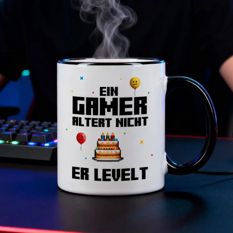 Tasse für Gamer zum Geburtstag mit Spruch 'Ein Gamer altert nicht er levelt' | 300 ml Keramiktasse