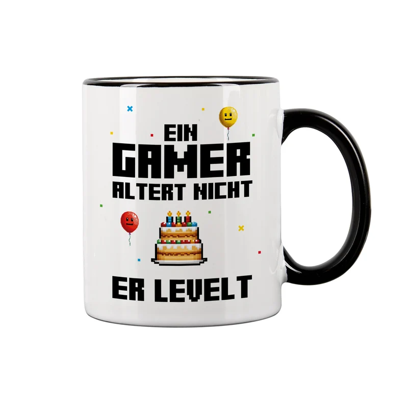 Tasse für Gamer zum Geburtstag mit Spruch 'Ein Gamer altert nicht er levelt' | 300 ml Keramiktasse