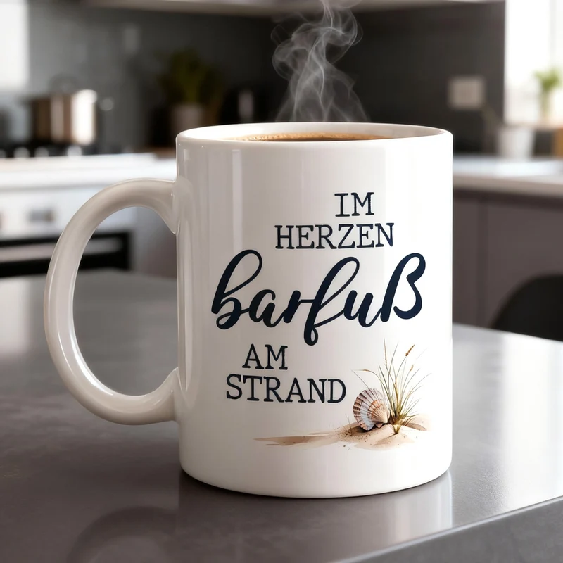Tasse 'Im Herzen barfuß am Strand' | Keramiktasse mit Fernweh-Spruch | 300 ml