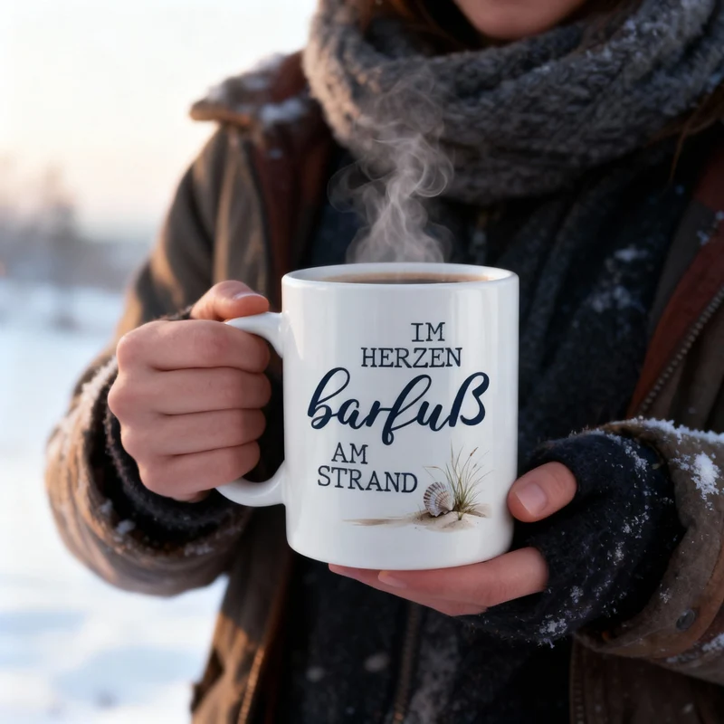 Tasse 'Im Herzen barfuß am Strand' | Keramiktasse mit Fernweh-Spruch | 300 ml