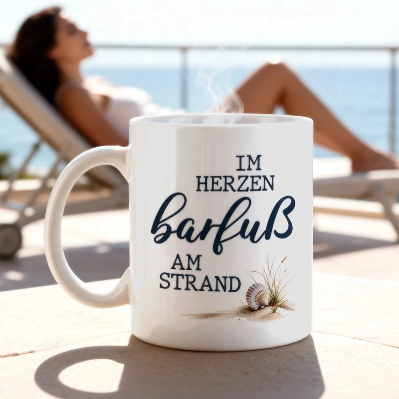 Tasse 'Im Herzen barfuß am Strand' | Keramiktasse mit Fernweh-Spruch | 300 ml