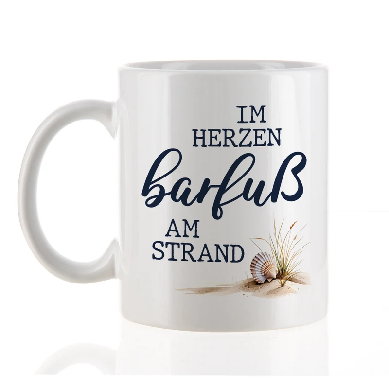 Tasse 'Im Herzen barfuß am Strand' | Keramiktasse mit Fernweh-Spruch | 300 ml