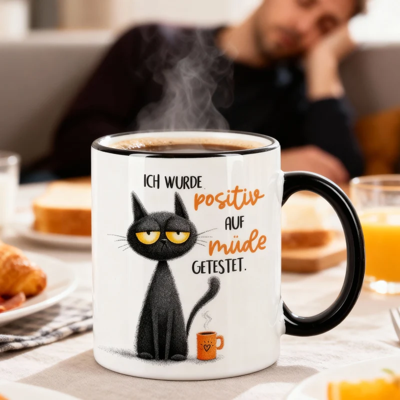 Tasse mit Spruch 'Positiv auf müde getestet' | Keramiktasse mit schwarzem Henkel & Rand