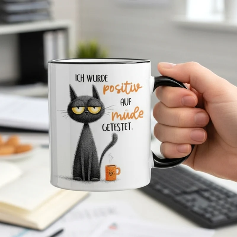 Tasse mit Spruch 'Positiv auf müde getestet' | Keramiktasse mit schwarzem Henkel & Rand