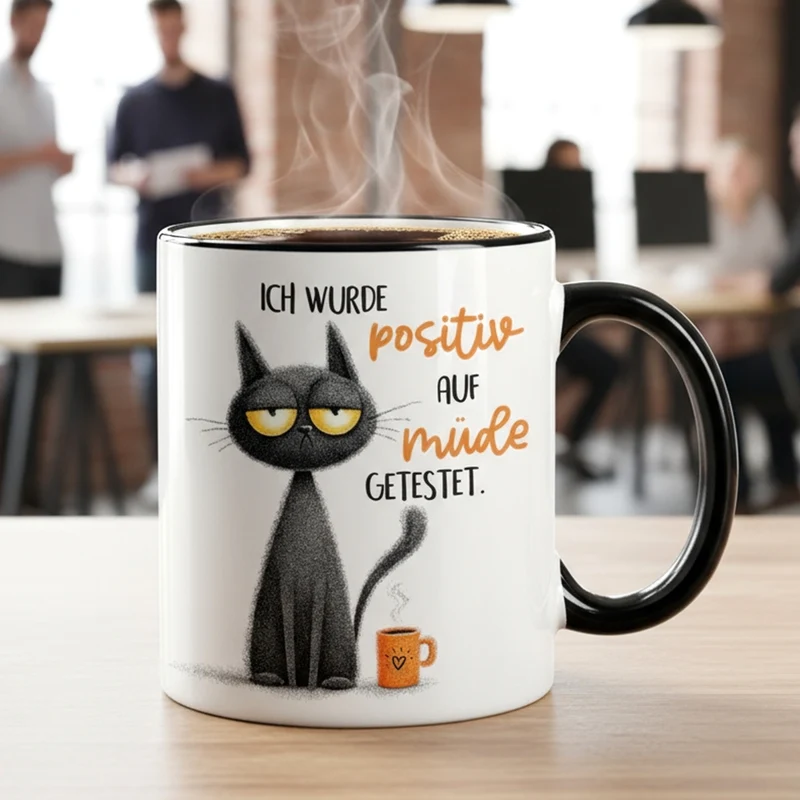 Tasse mit Spruch 'Positiv auf müde getestet' | Keramiktasse mit schwarzem Henkel & Rand