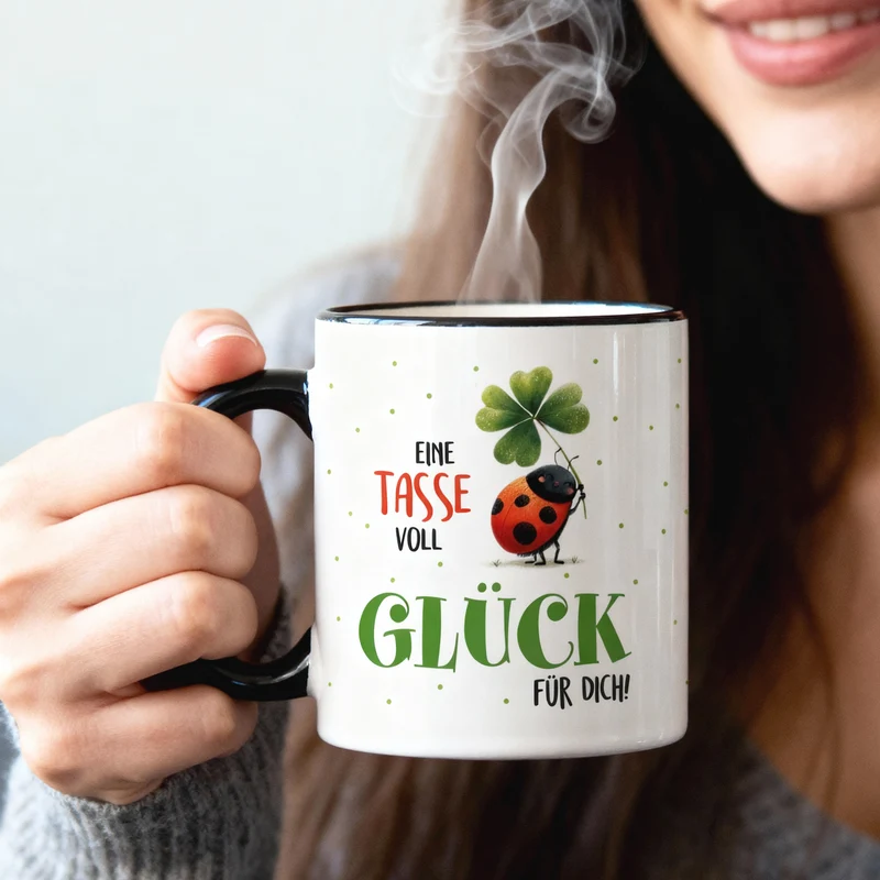 Eine Tasse voll Glück | Glückstasse aus Keramik mit schwarzem Rand & Henkel
