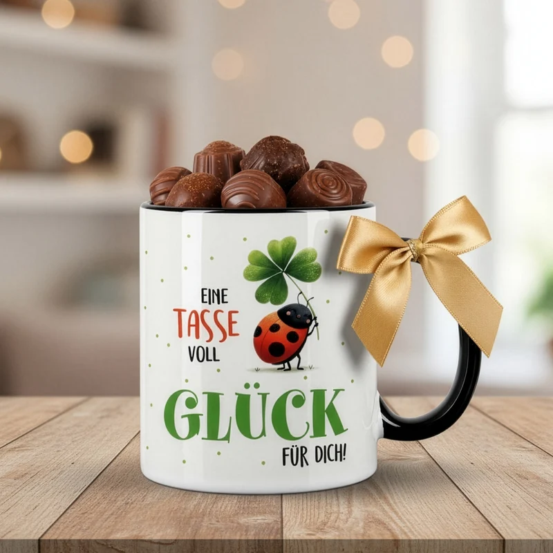 Eine Tasse voll Glück | Glückstasse aus Keramik mit schwarzem Rand & Henkel