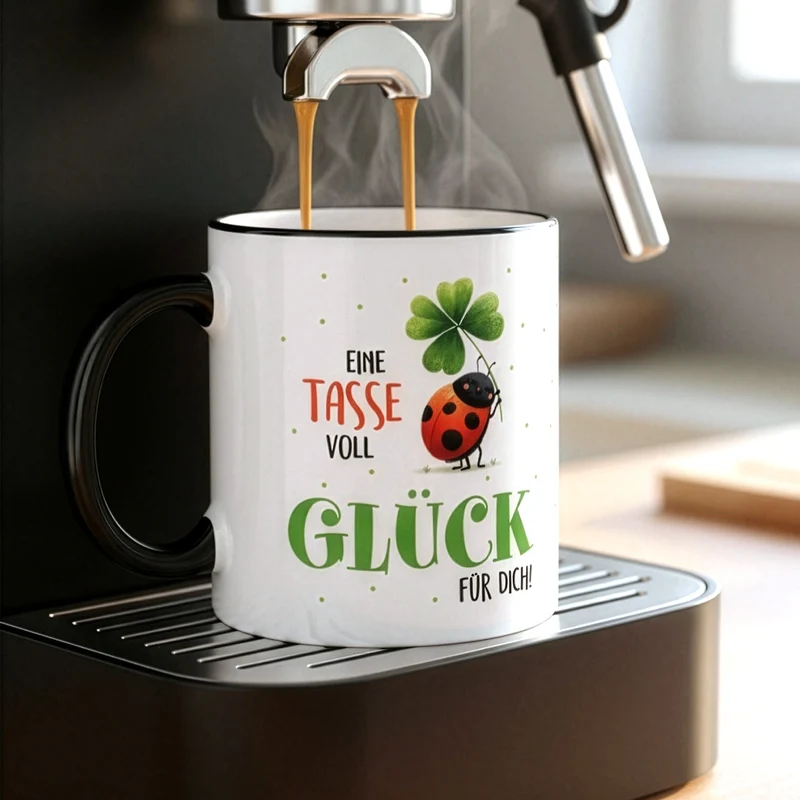Eine Tasse voll Glück | Glückstasse aus Keramik mit schwarzem Rand & Henkel