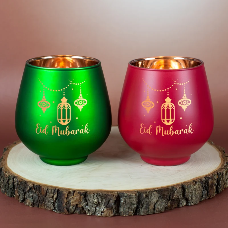 Teelichthalter zu Ramadan mit Gravur 'Eid Mubarak' | Windlicht aus Glas | Rot oder Grün