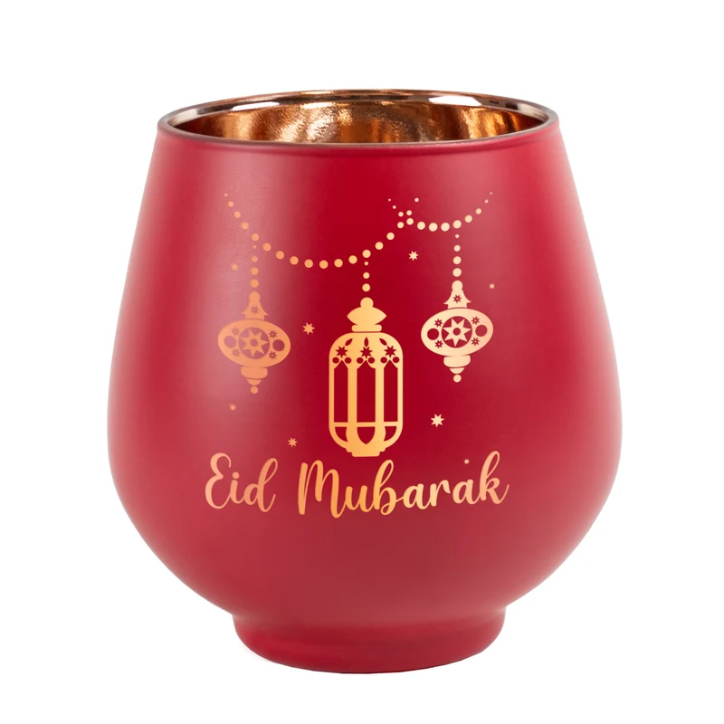 Teelichthalter zu Ramadan mit Gravur 'Eid Mubarak' | Windlicht aus Glas | Rot oder Grün