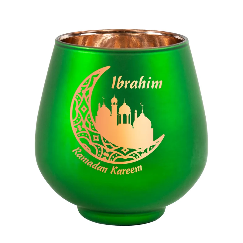 Windlicht zu Ramadan personalisiert mit Name | Teelichthalter aus Glas | Rot oder Grün