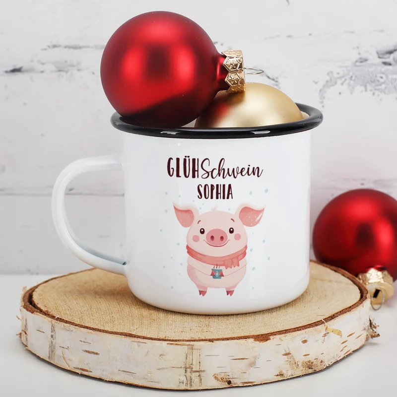 Personalisierte 'Glühschwein' Emailletasse | Witzige Tasse zu Weihnachten für Glühwein & Winterzeit