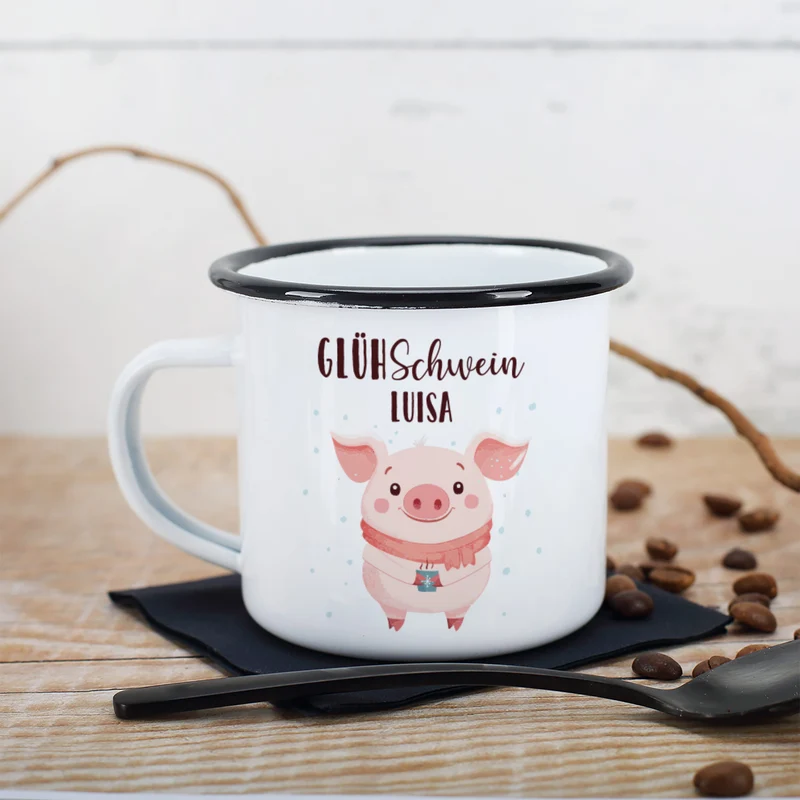 Personalisierte 'Glühschwein' Emailletasse | Witzige Tasse zu Weihnachten für Glühwein & Winterzeit