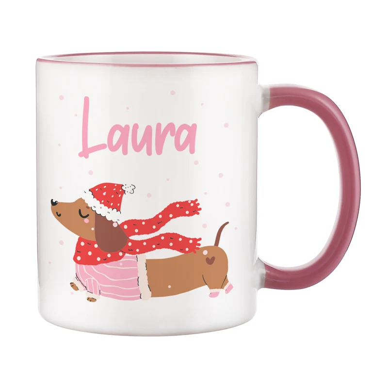 Personalisierte Keramiktasse mit Dackel-Motiv & Name in Rosa | Geschenk für Weihnachten & Winterzeit