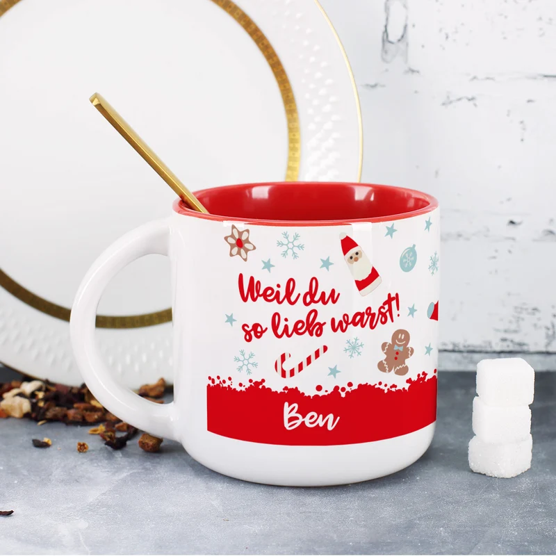 Große Tasse - Weil du so lieb warst - mit Name und Weihnachtsmotiv
