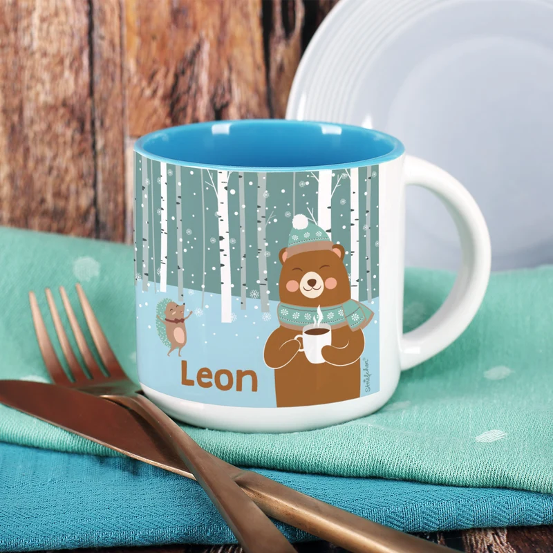 Große Tasse - Winterlandschaft und Bär - mit Name