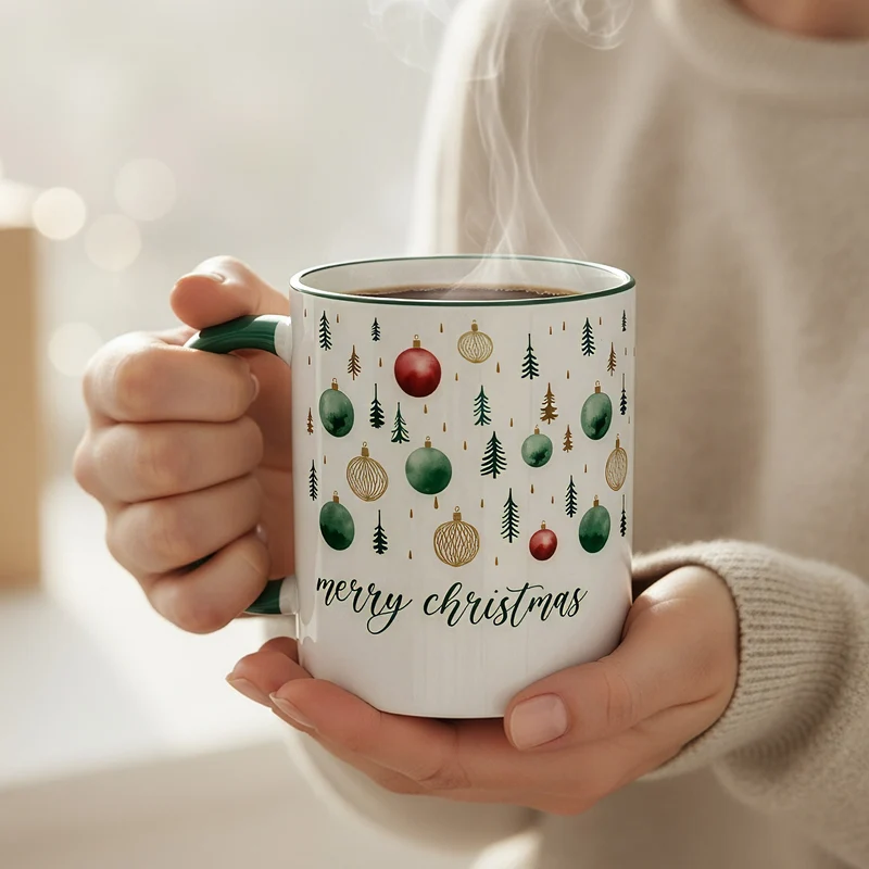 Weihnachtstasse 'Merry Christmas' mit Baumschmuck-Motiv | Festliche Keramiktasse zu Weihnachten