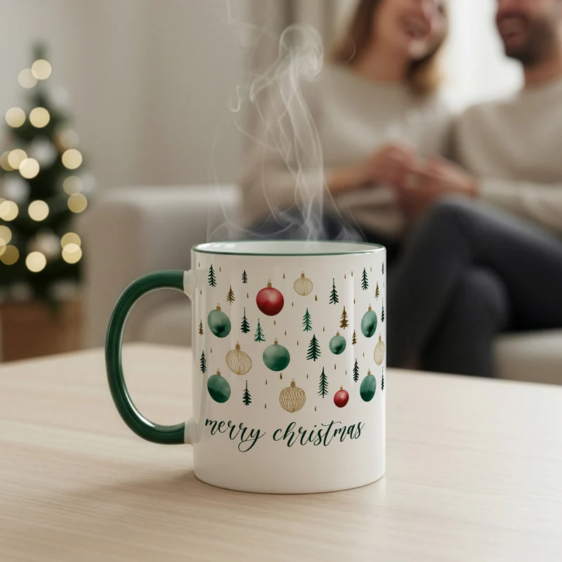Weihnachtstasse 'Merry Christmas' mit Baumschmuck-Motiv | Festliche Keramiktasse zu Weihnachten