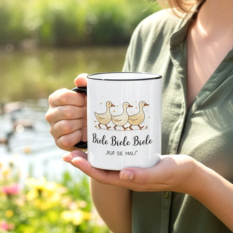 Keramiktasse mit Enten & Spruch 'Biele Biele Biele' | Lustige Meme-Tasse für TV- und Tierfreunde