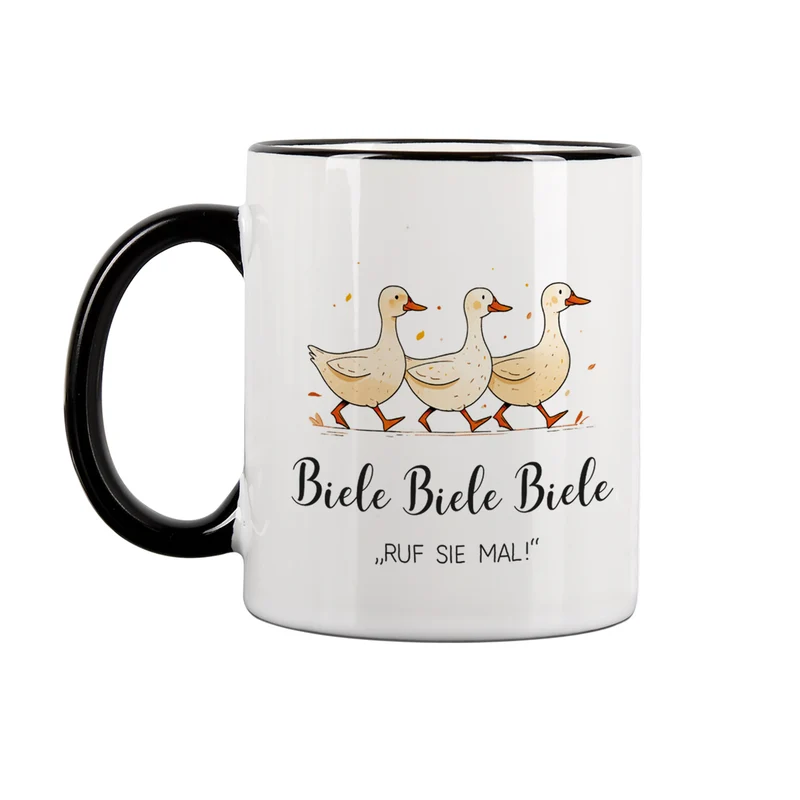 Keramiktasse mit Enten & Spruch 'Biele Biele Biele' | Lustige Meme-Tasse für TV- und Tierfreunde