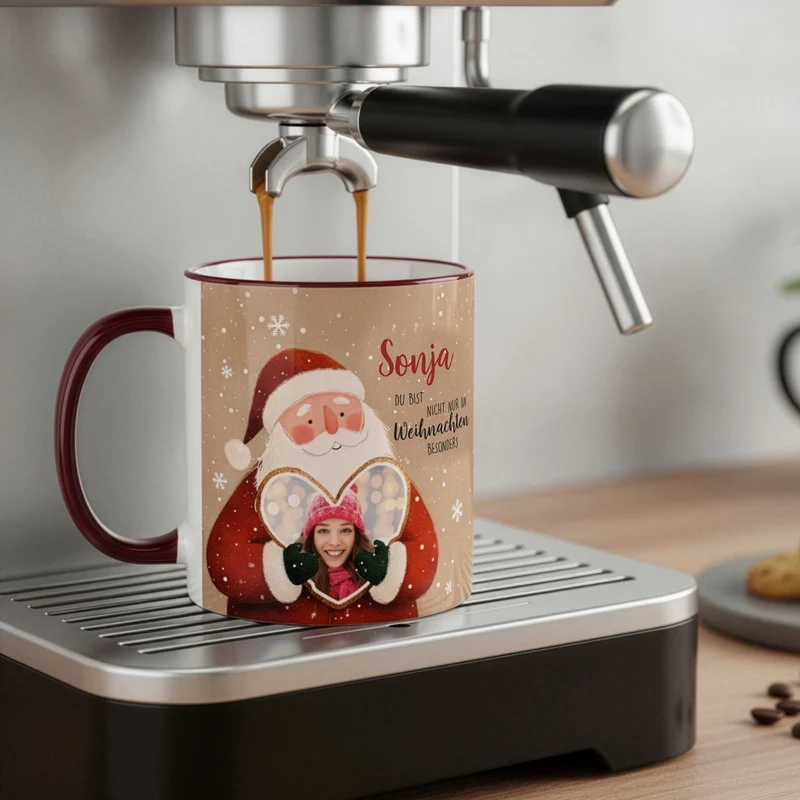Keramiktasse mit Weihnachtsmann & Foto im Lebkuchenherz | Personalisiert mit Name zu Weihnachten