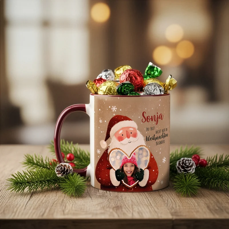 Keramiktasse mit Weihnachtsmann & Foto im Lebkuchenherz | Personalisiert mit Name zu Weihnachten