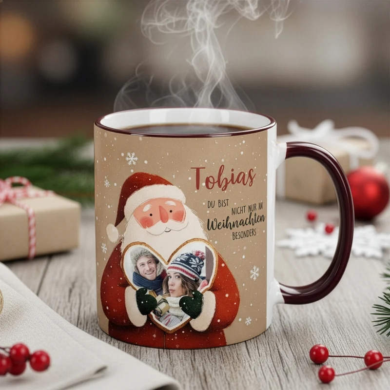 Keramiktasse mit Weihnachtsmann & Foto im Lebkuchenherz | Personalisiert mit Name zu Weihnachten
