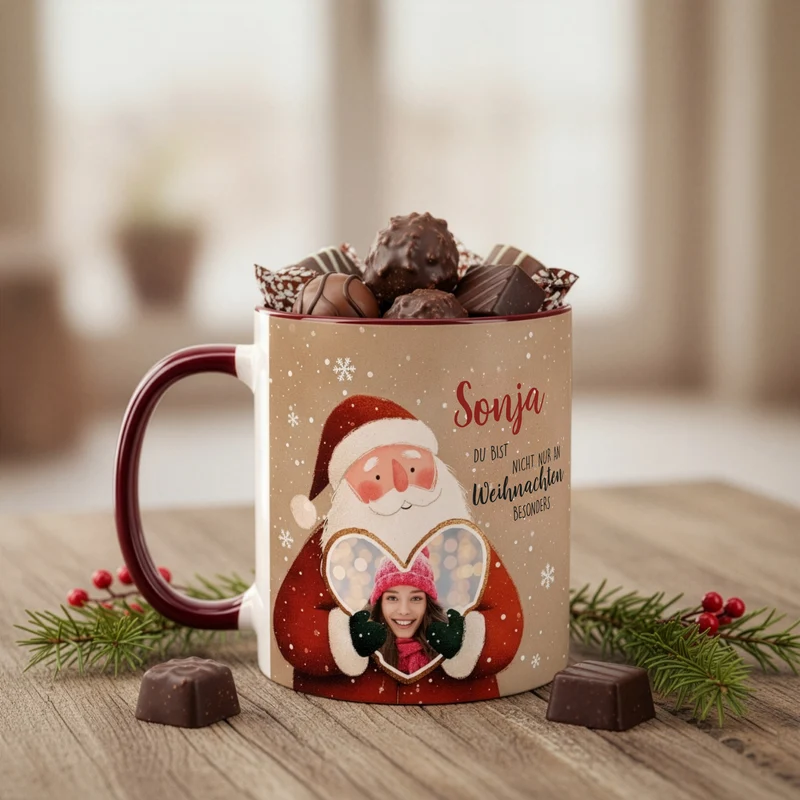 Keramiktasse mit Weihnachtsmann & Foto im Lebkuchenherz | Personalisiert mit Name zu Weihnachten