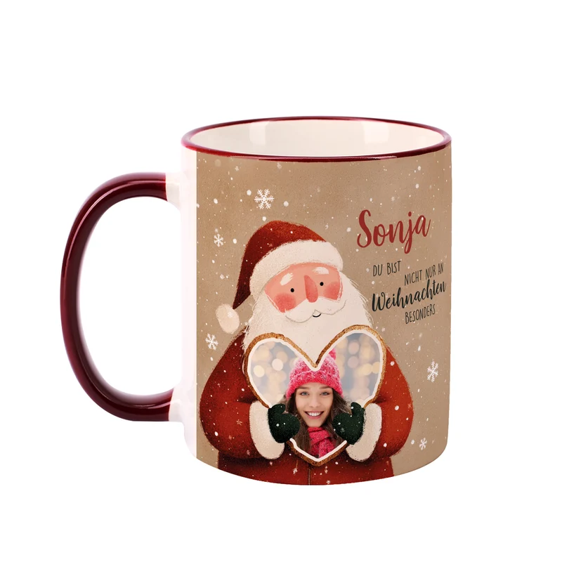 Keramiktasse mit Weihnachtsmann & Foto im Lebkuchenherz | Personalisiert mit Name zu Weihnachten