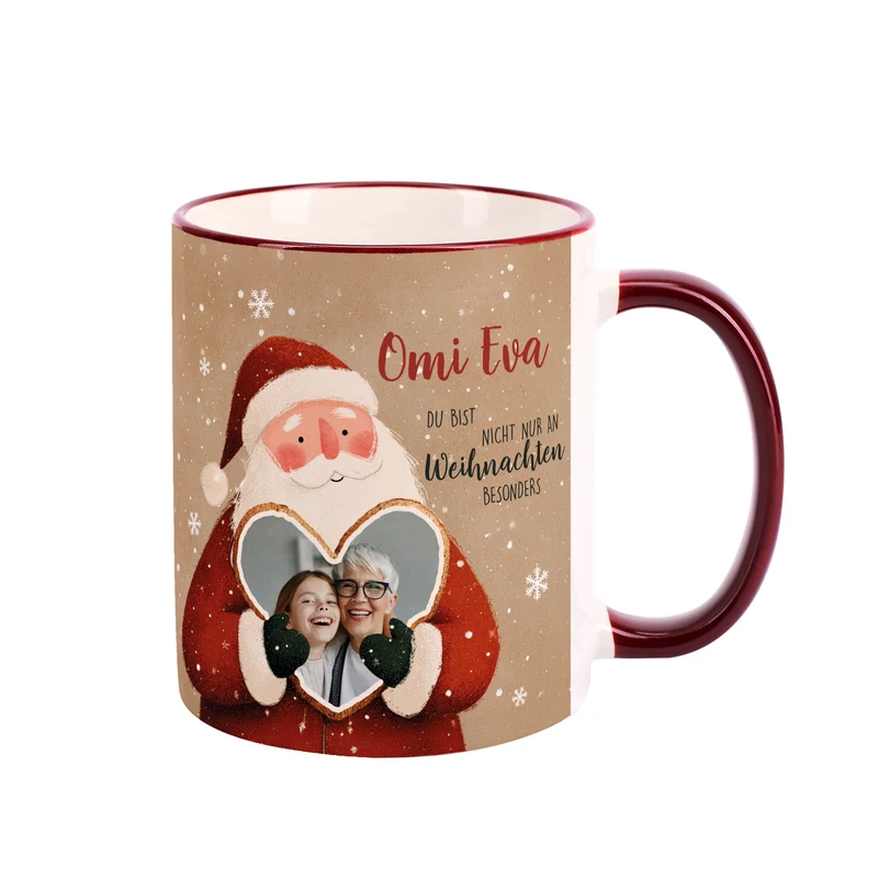 Keramiktasse mit Weihnachtsmann & Foto im Lebkuchenherz | Personalisiert mit Name zu Weihnachten