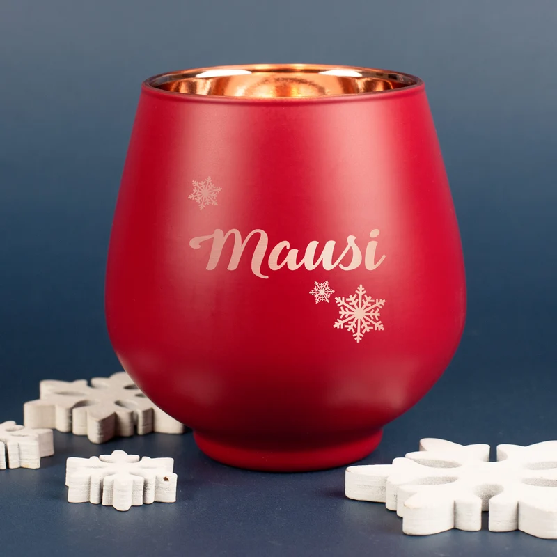 Personalisiertes Windlicht zu Weihnachten graviert mit Name & Schneeflockenmotiv in Rot oder Grün