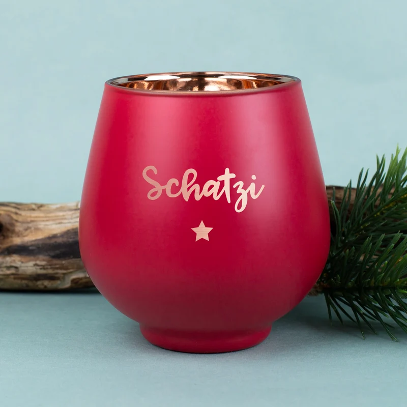 Personalisiertes Windlicht zu Weihnachten graviert mit Name & Sternmotiv in Rot oder Grün