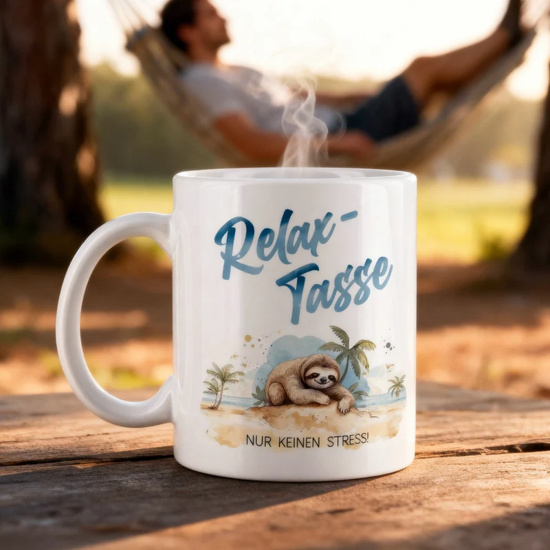 Relax-Tasse mit Faultier-Motiv und Spruch 'Nur keinen Stress!' | Geschenk für ABI & Schulabschluss