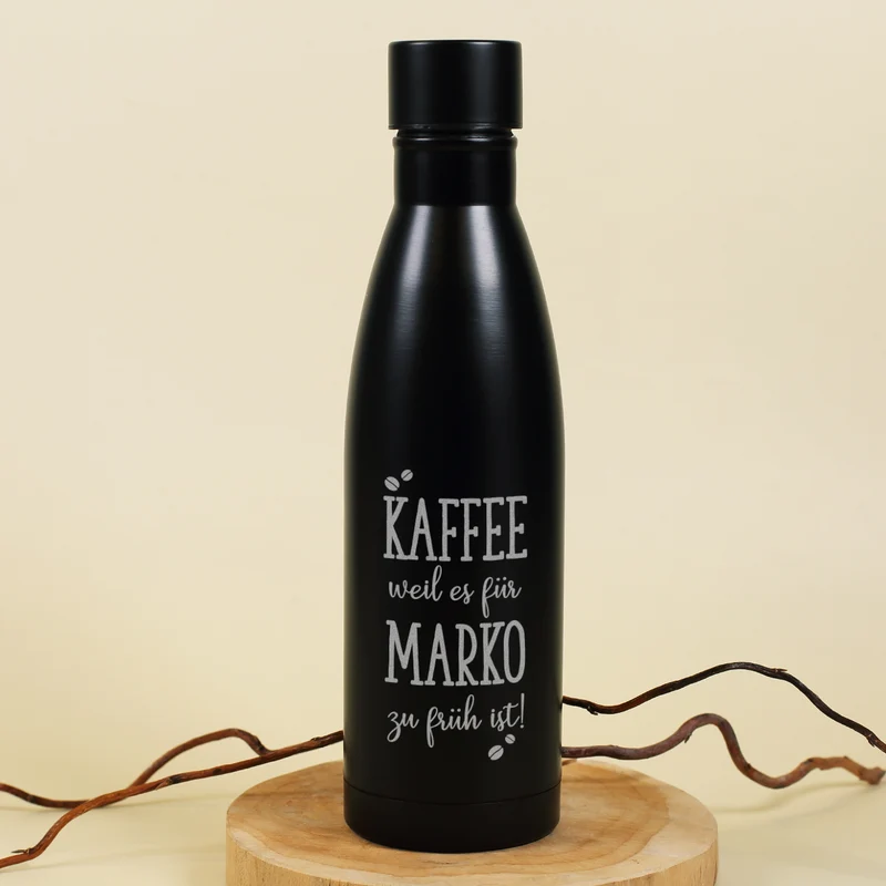Thermosflasche mit Kaffeemotiv und Wunschtext