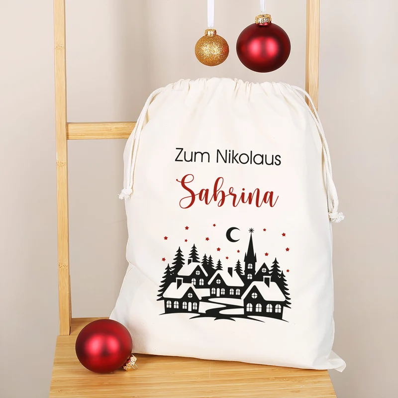 Personalisierter Geschenksack zu Weihnachten mit Wunschtext | Baumwollbeutel mit Winterdorf-Motiv