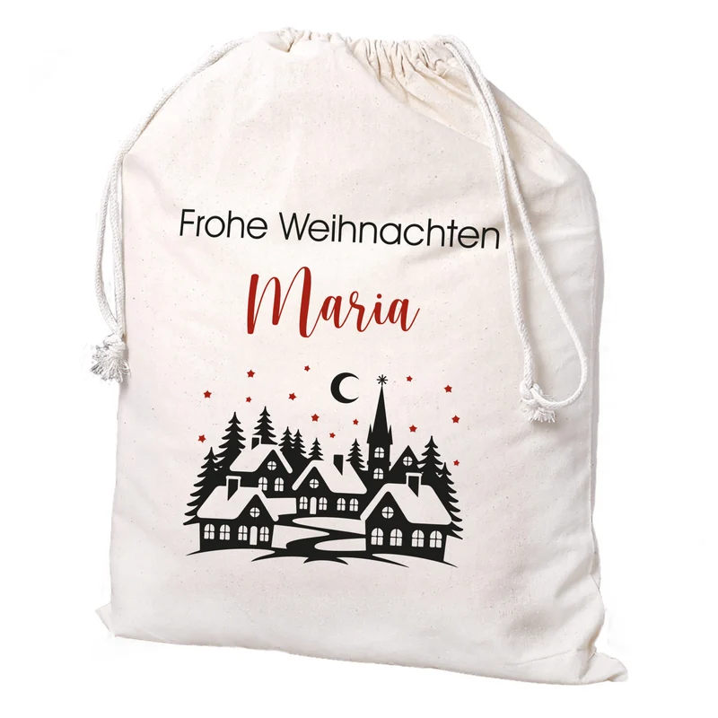 Personalisierter Geschenksack zu Weihnachten mit Wunschtext | Baumwollbeutel mit Winterdorf-Motiv
