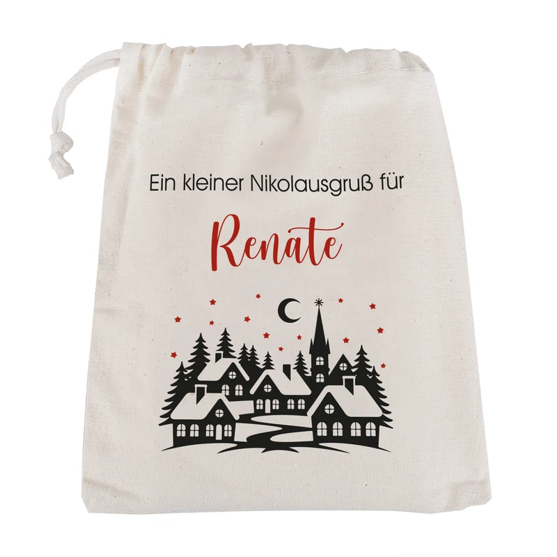 Personalisierter Geschenksack zu Weihnachten mit Wunschtext | Baumwollbeutel mit Winterdorf-Motiv