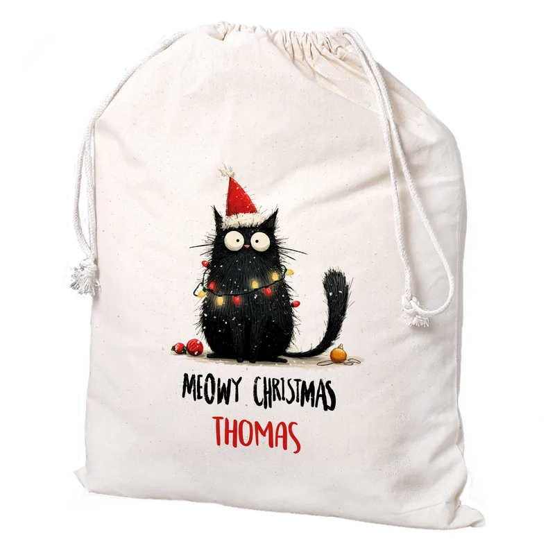 Geschenksack zu Weihnachten personalisiert mit Name | Katzen-Motiv | 3 Größen