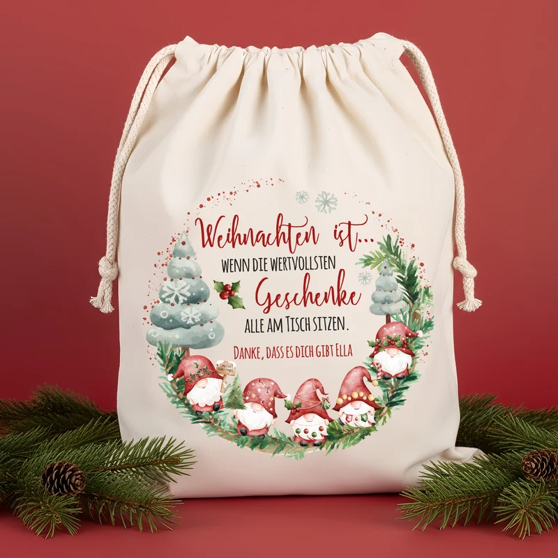 Personalisierter Geschenksack zu Weihnachten mit Wichtelmotiv | Geschenkverpackung in 3 Größen