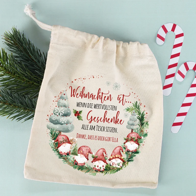 Personalisierter Geschenksack zu Weihnachten mit Wichtelmotiv | Geschenkverpackung in 3 Größen