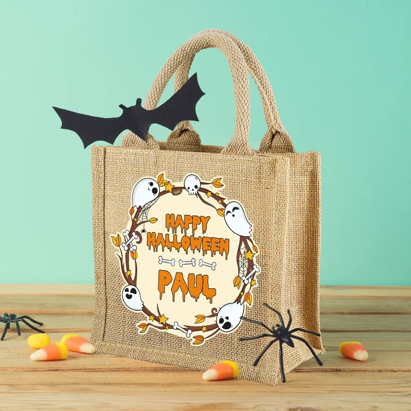 Personalisierte Jutetüte 'Happy Halloween' | Beutel für Süßigkeiten mit Name für Kinder