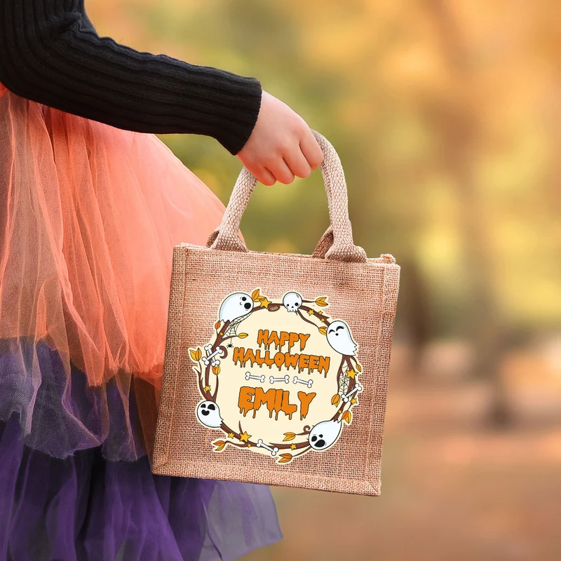 Personalisierte Jutetüte 'Happy Halloween' | Beutel für Süßigkeiten mit Name für Kinder