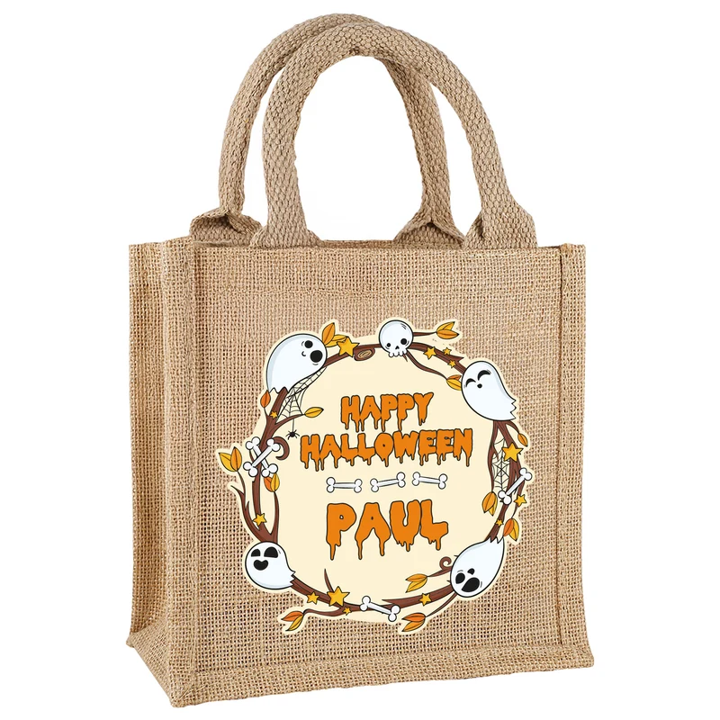 Personalisierte Jutetüte 'Happy Halloween' | Beutel für Süßigkeiten mit Name für Kinder